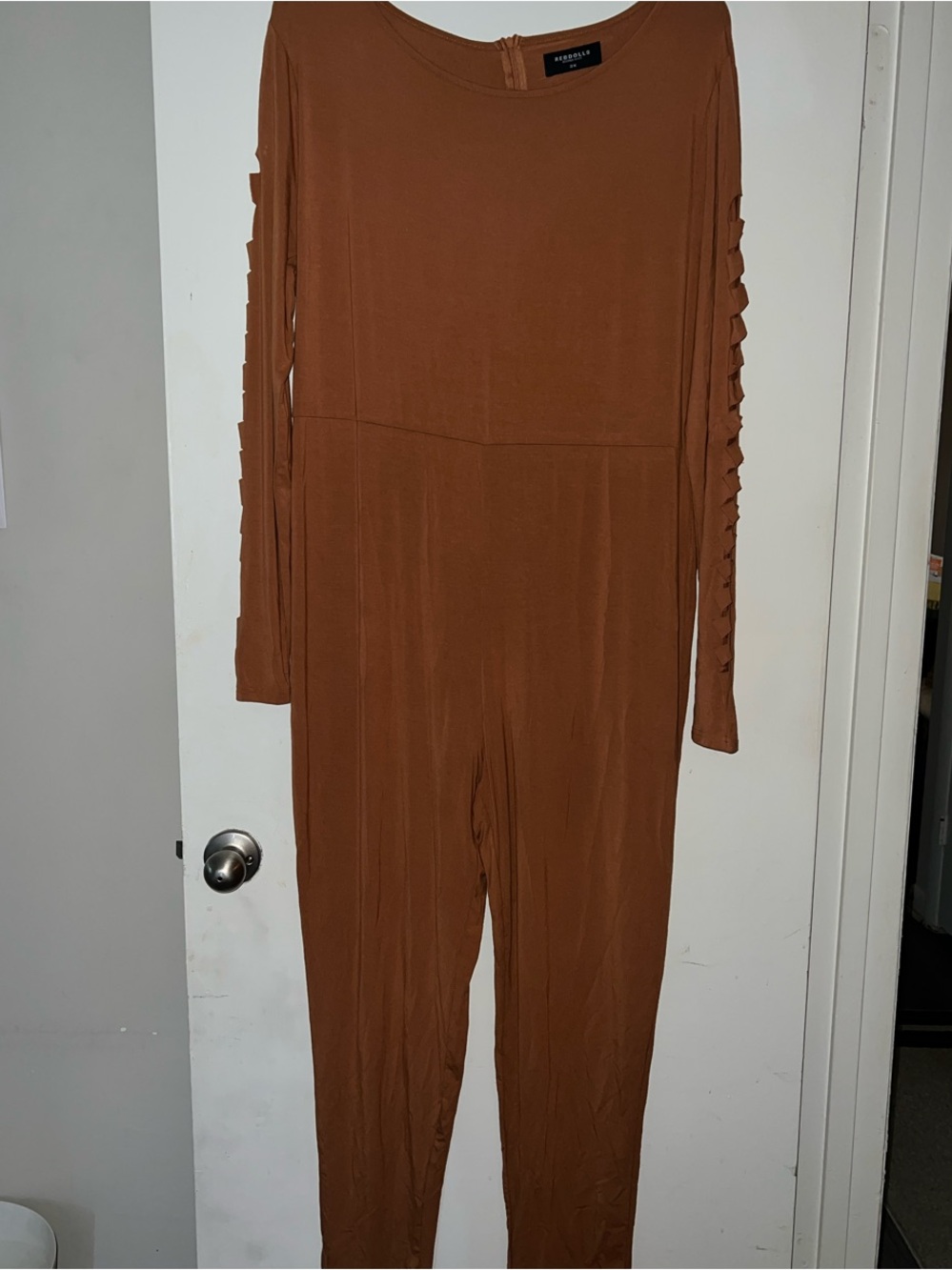 REBDOLLS - Rust Brown Long-Sleeve Jumpsuit with Ladder Sleeve Detail